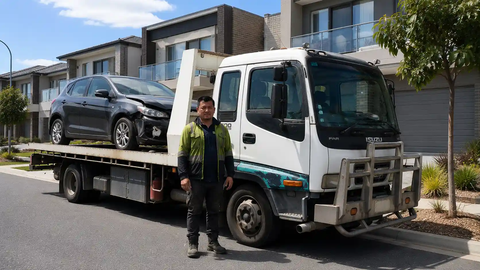 Amiry Cash For Cars tow truck driver loading a rusted sedan from a residential driveway in Altona Meadows