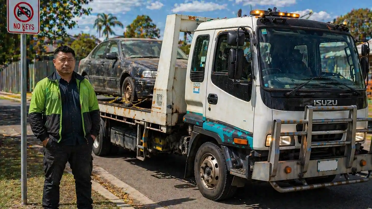 Amiry Cash For Cars tow truck winching a broken down sedan from a residential driveway near Corio Village.