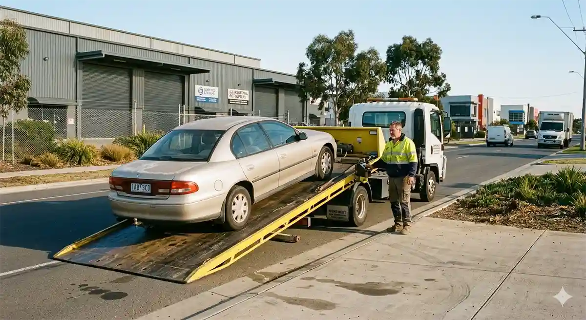 Car removal Derrimut with tow truck collecting unwanted vehicle from Melbourne West commercial area
