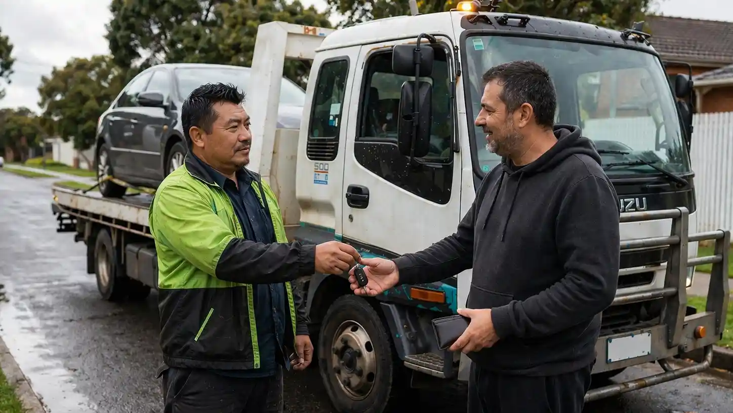 Amiry Cash For Cars tow truck driver loading a damaged ute onto a flatbed near Eastern Beach in Geelong.
