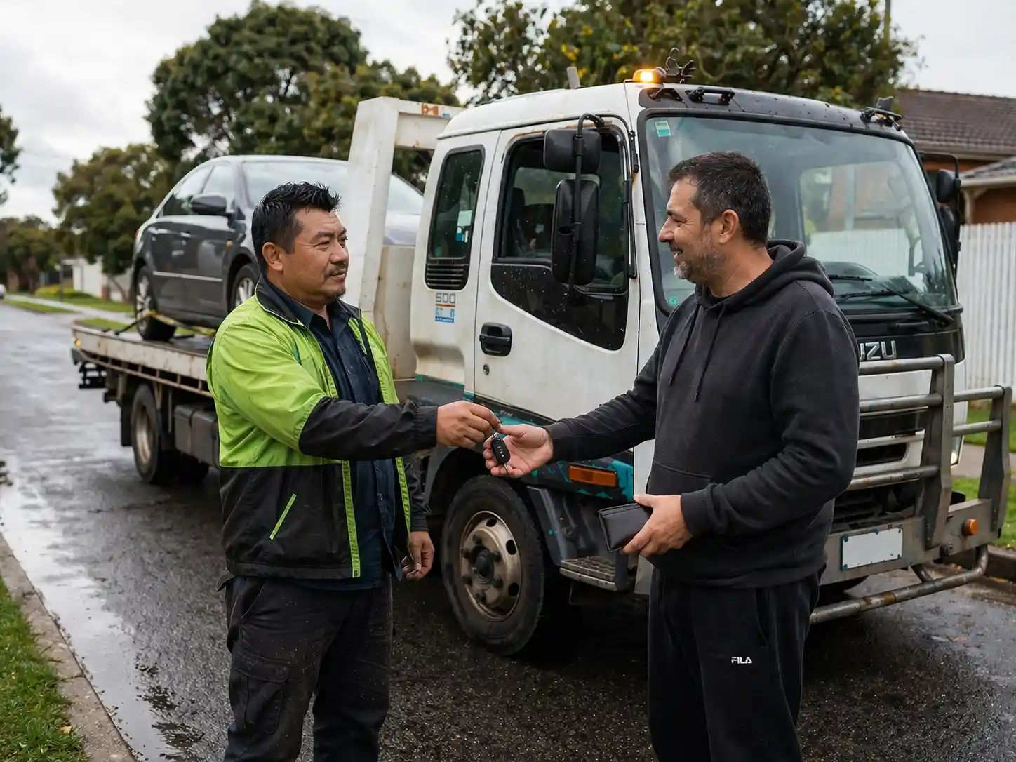 Amiry Cash For Cars tow truck driver loading a broken-down SUV from a driveway near Old Geelong Road in Hoppers Crossing