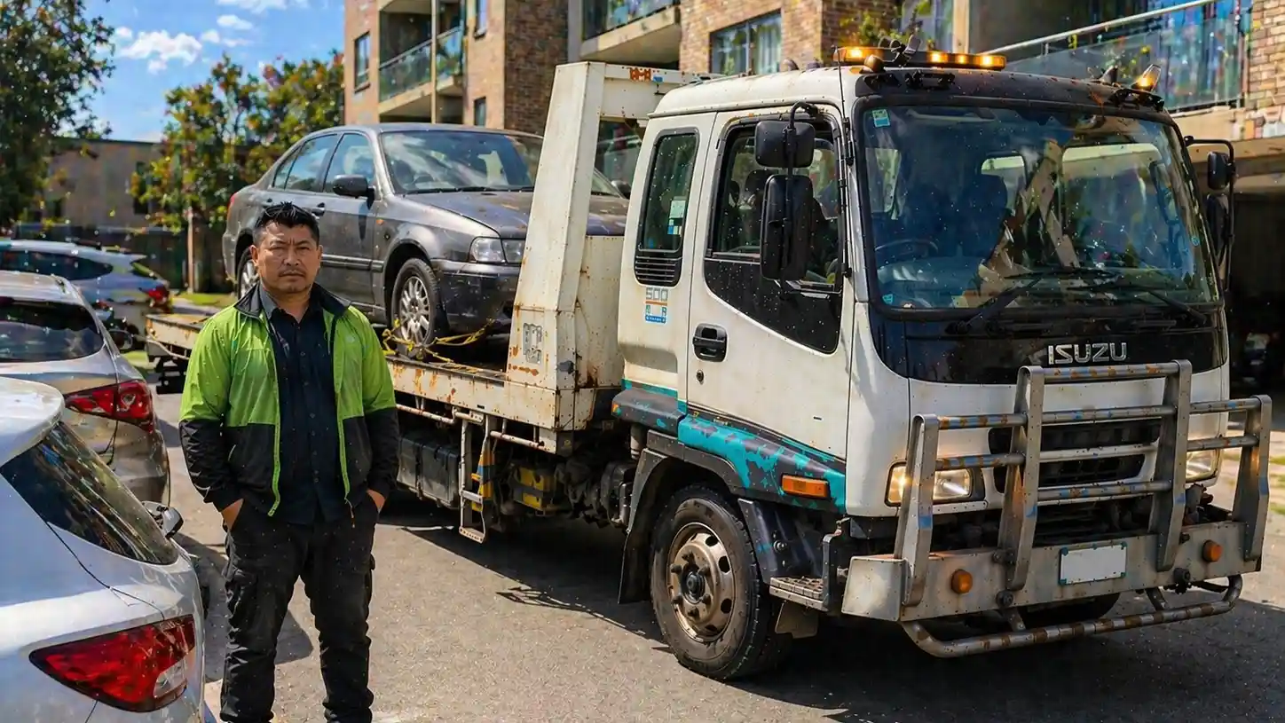 Amiry Cash For Cars tow truck driver loading a rusted four wheel drive on a rural property in Lara near the You Yangs.