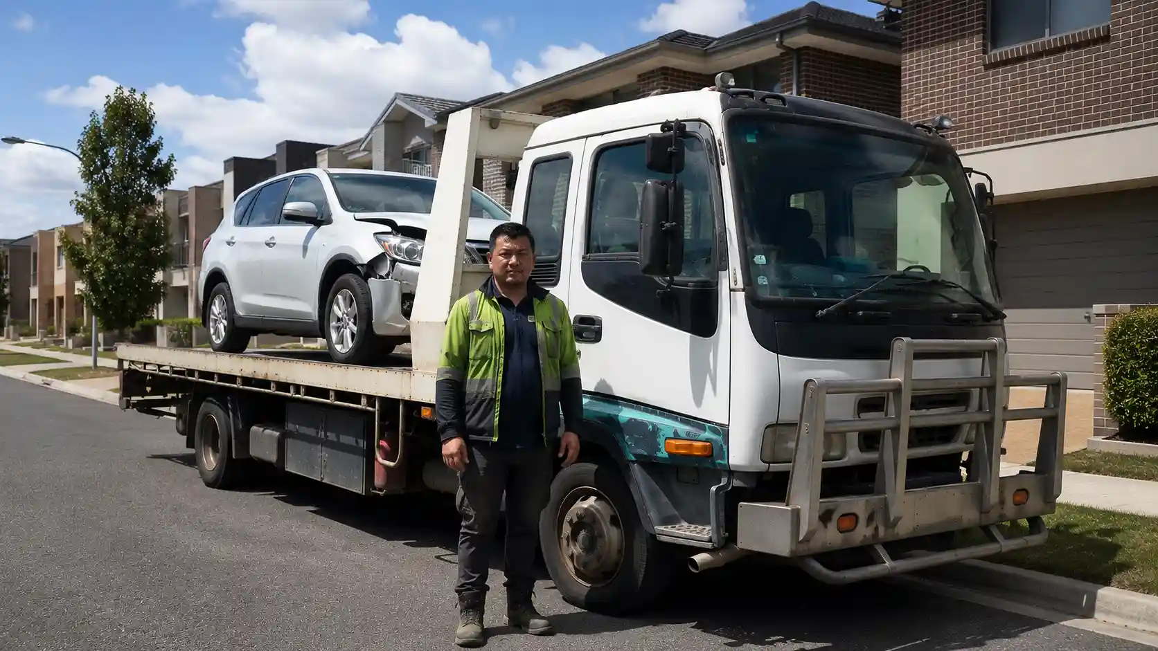 Amiry Cash For Cars tow truck driver loading a rusted commercial ute from a warehouse parking lot in Laverton