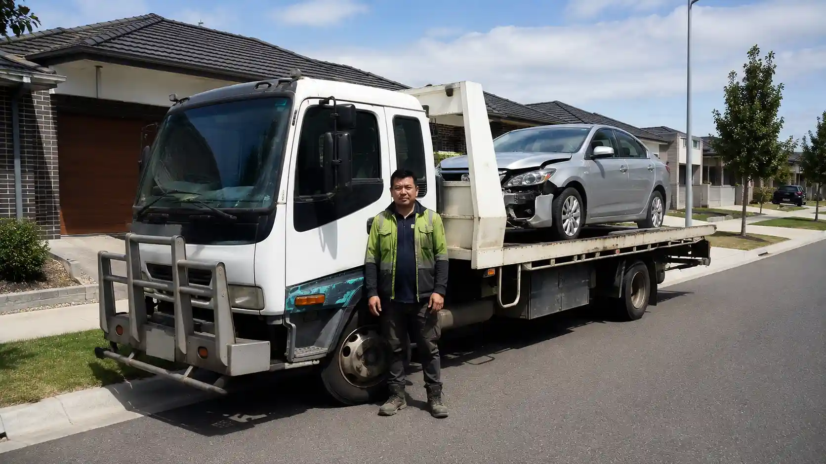 Amiry Cash For Cars tow truck operator winching a broken down commercial van from an industrial warehouse parking lot in Truganina