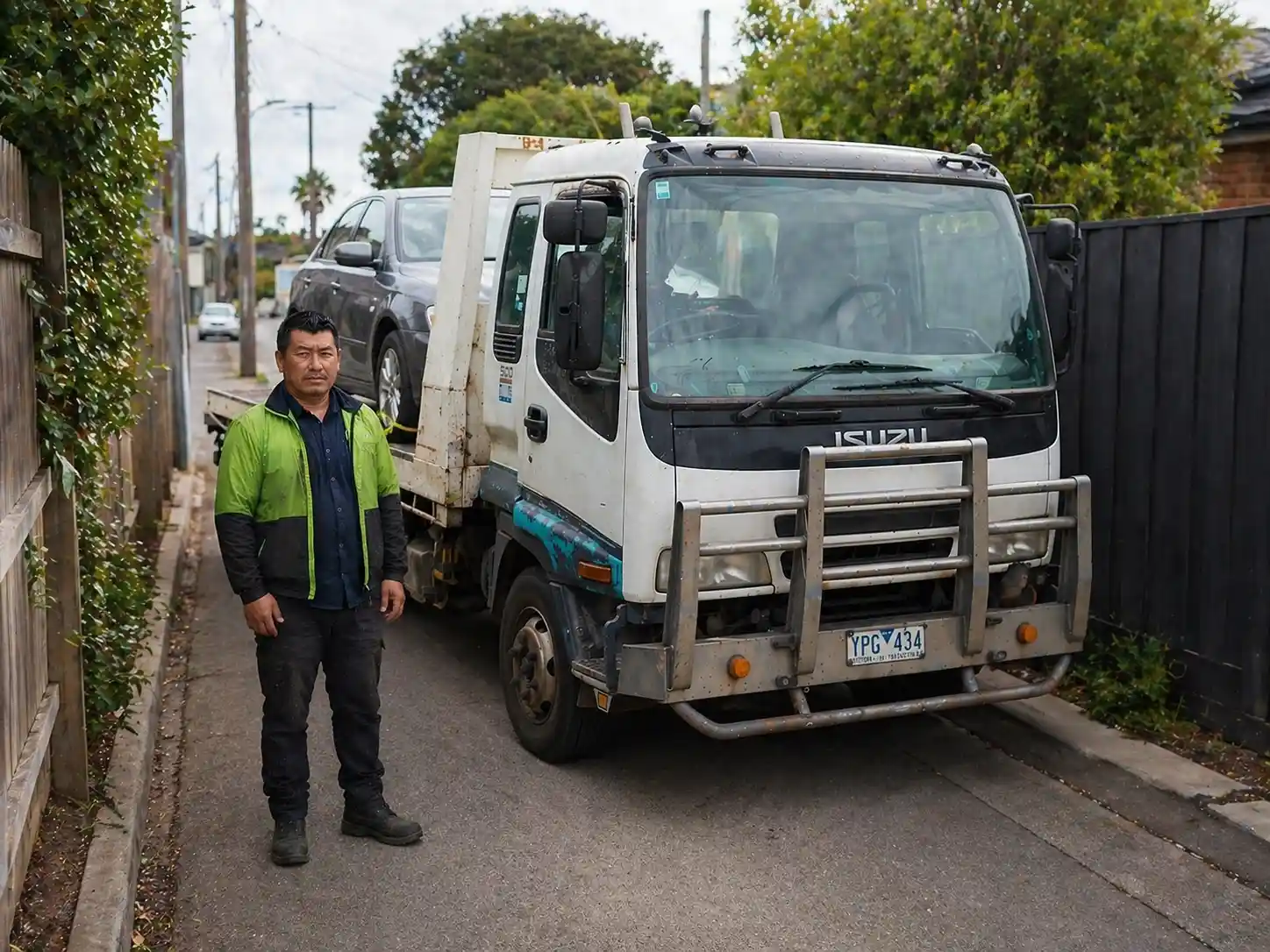 Friendly Amiry Cash For Cars tow truck operator winching a scrap car from a residential driveway in Werribee