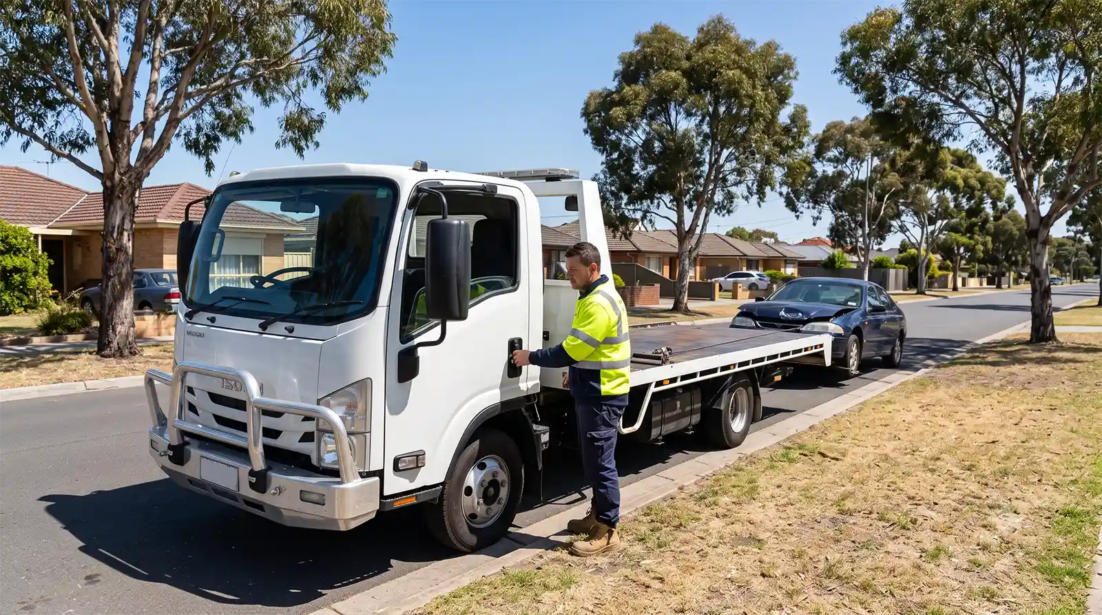 Amiry Cash For Cars tow truck operator loading a rusted ute from a market garden property near Wyndham Harbour in Werribee South