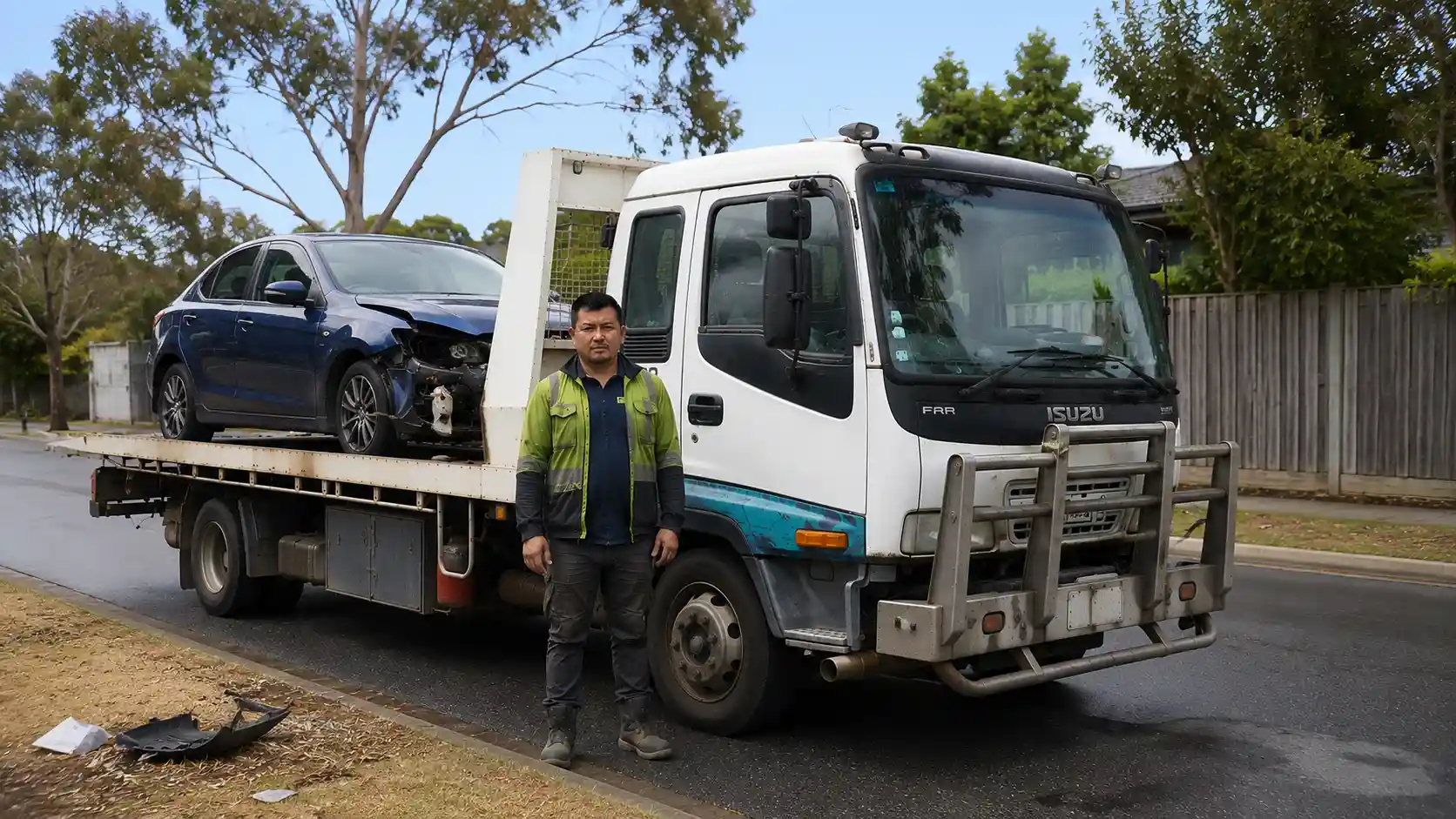 Amiry Cash For Cars tow truck winching a rusted out vehicle from a narrow street near Williamstown Beach