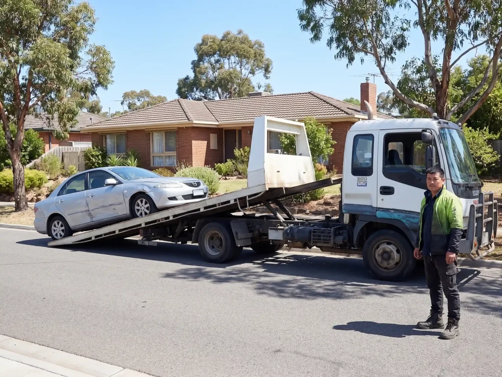 Professional tow truck preparing to sell a scrap car in Albion, removing an old vehicle from a local driveway.