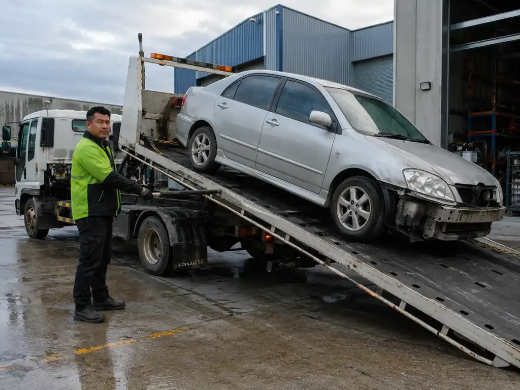 A tow truck operator loading a damaged silver sedan onto a tilt tray in an industrial warehouse yard in Derrimut.
