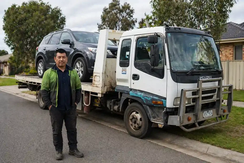 Unregistered car being removed from driveway in Sunshine Melbourne West